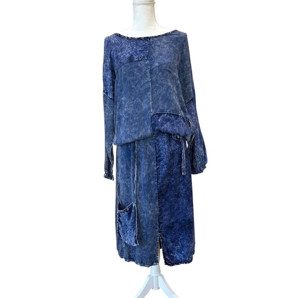 Vintage Classique by Shawn Dress Patchwork Blue Tie Waist Bohemian Casual - Picture 2 of 12